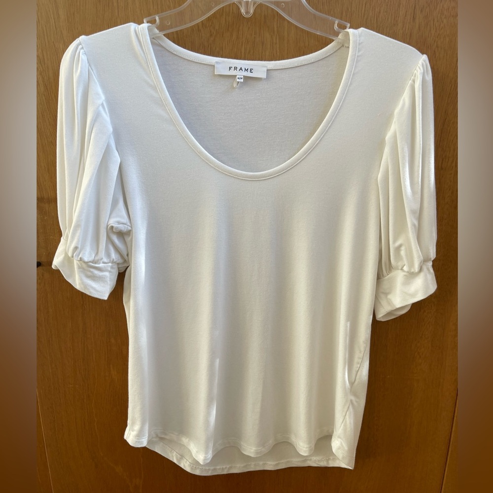 Frame Short Puff Sleeve Blouse M Scoop Neck Banded Cuff Sleeve Womens White